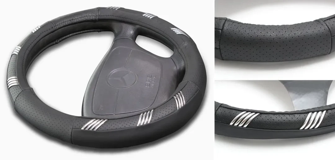 Чехол руля кожа H-8515-M (black+crome) (А)