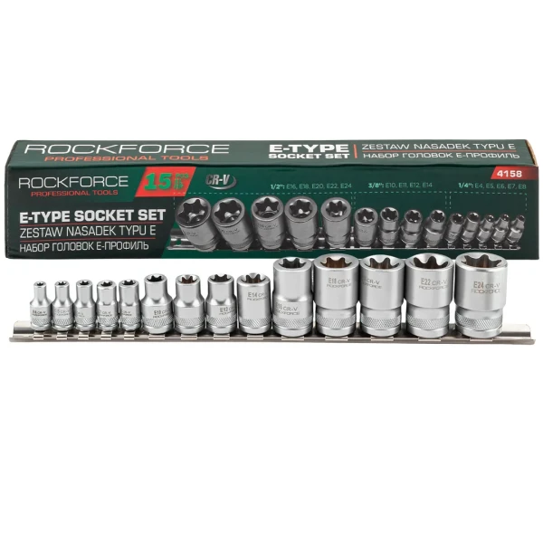 Набор головок E-профиль 15пр.1/4''&3/8''&1/2''(1/4'':E4-Е8, 3/8'':Е10-Е12, Е14, 1/2'':Е16,Е18,Е20,Е22,E24),на планке