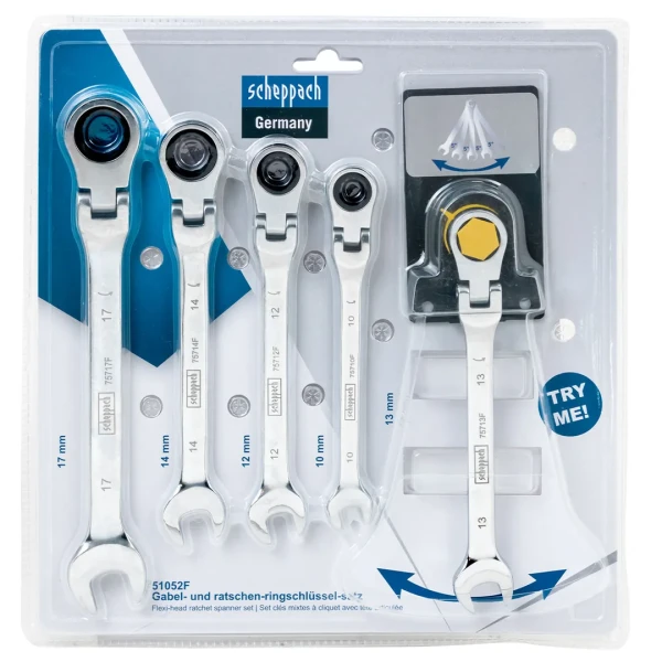 Ключи комбинированные трещоточные с шарниром, набор 5пр. (10, 12-14, 17мм)