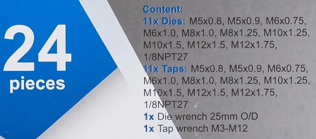 Набор метчиков и плашек метрический 24пр. (М5х0.8/0.9, М6х0.75/1, М8х1/1.25, М10х1.25/1.5, М12х1.5/1.75)