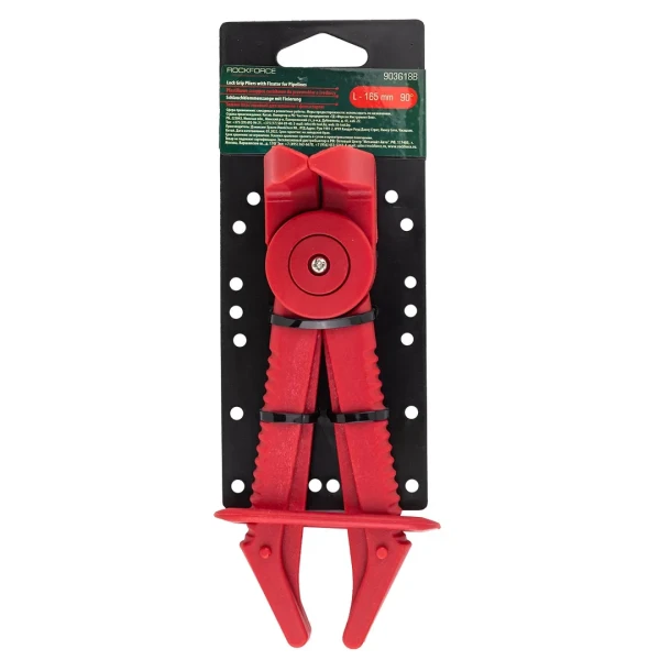 Зажим пластиковый для шлангов с фиксатором изогнутый 90°(L-165мм), на пластиковом держателе