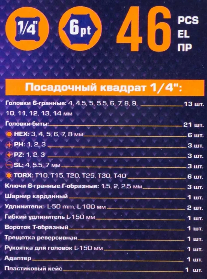 Набор инструмента 46пр. 1/4''(6-гран.)(4-14мм)