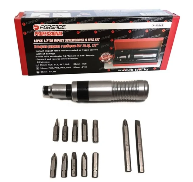 Отвертка ударная с набором бит и адаптером,13пр 1/2''(F)х5/16''(F) (PH 1,2,3,4х36мм, PH3х80мм, SL 5,6,7,8х36мм, SL8х80мм, H 7,8х36мм) в метал. кейсе