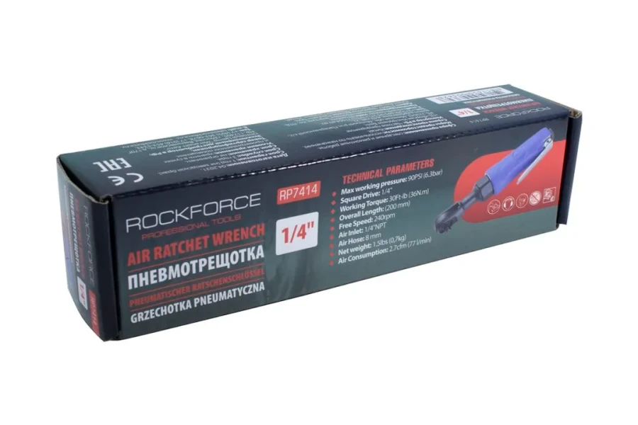 Пневмотрещотка с прорезиненной рукояткой 36Нм, 1/4''(потребление 77л/мин, 240 об/мин, L-200мм,6.3Bar,штуцер 1/4'')