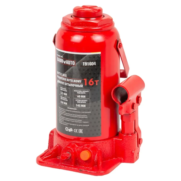Домкрат бутылочный с клапаном 16т.(h min-225мм,h max-430мм, ход штока-145мм, ход винта-60мм)