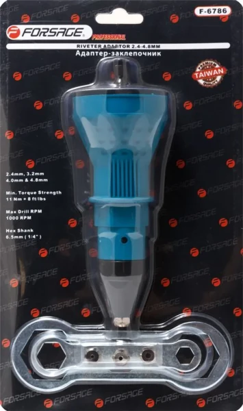Адаптер-заклепочник для дрели (2.4, 3.2, 4.0, 4.8мм, min 11Nm, max 1000 об/мин), в блистере