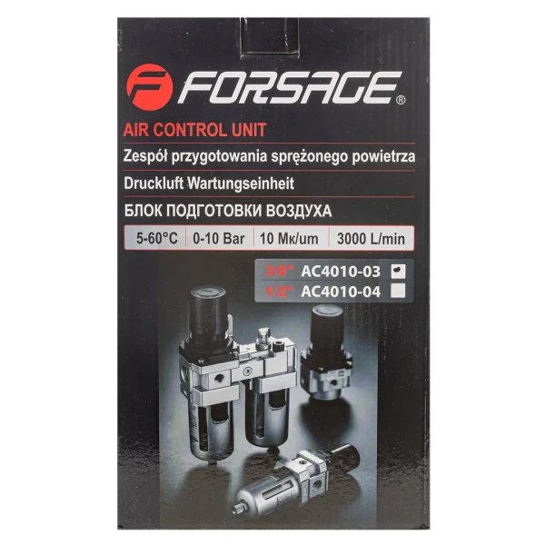 Блок подготовки воздуха 3/8''(фильтр-регулятор+лубрикатор)(10Мк, 3000 л/мин, 0-10bar,раб. температура 5°-60°)