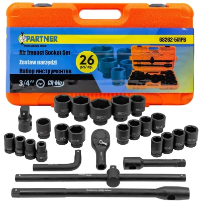 Набор инструментов ударных 26пр, 3/4''1''(6гр.) (17,19,22,24,27,30,32,33,34,35,36,36-12гр,38,41,46,50мм,1'':55,60,65мм) в пласт.кейсе