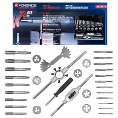 Набор метчиков и плашек, 32(М3х0.5,М4х0.7,М5х0.8,М6х1.0,М8х1.25,М10х1.5,М12х1.75) пр в металлическом кейсе