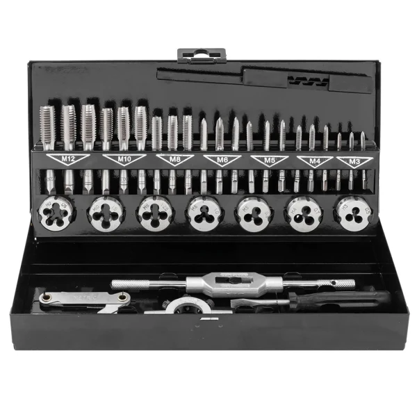 Набор метчиков и плашек, 32(М3х0.5,М4х0.7,М5х0.8,М6х1.0,М8х1.25,М10х1.5,М12х1.75) пр в металлическом кейсе