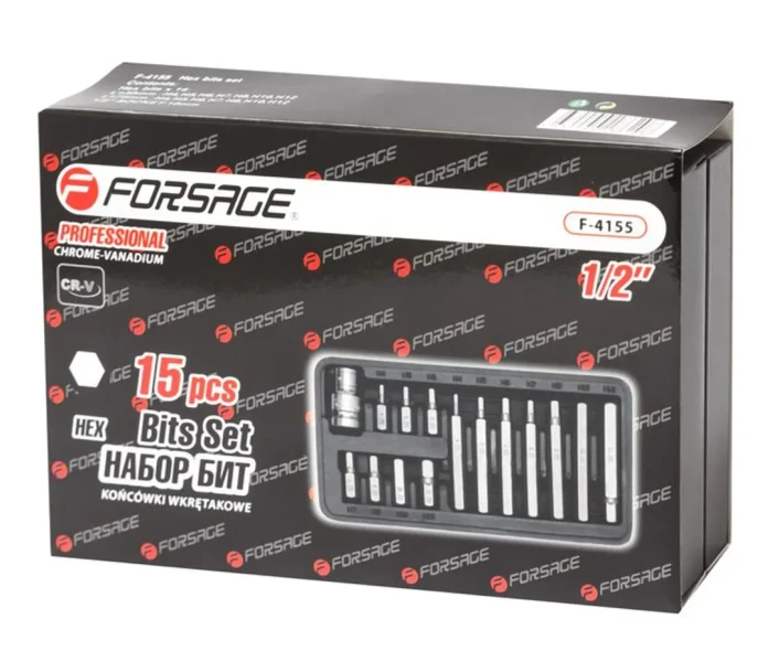 Набор бит HEX с битодержателем,15пр. 1/2''(L:30/75мм,4-8,10,12мм)
