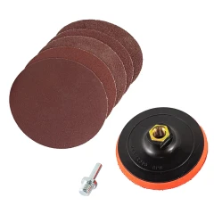 Тарелка опорная для УШМ в комплекте с кругами шлифовальными самоцепляющимися, 7пр.(115мм, М14+адаптер для дрели,Р40/60/80/120/240)