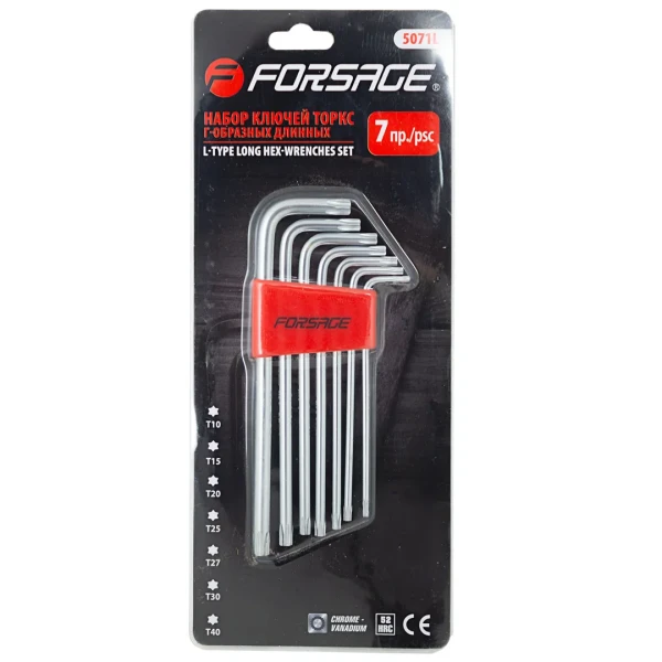 Набор ключей TORX Г-образных длинных, 7пр.(Т10,Т15,Т20,Т25,Т27,Т30,Т40) в пластиковом держателе