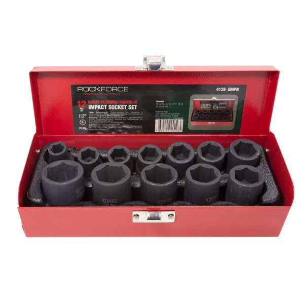 Набор головок ударных, 12пр., 1/2''6гр.(10,12,13,14,15,16,17,18,19,21,22,24мм),в метал. кейсе