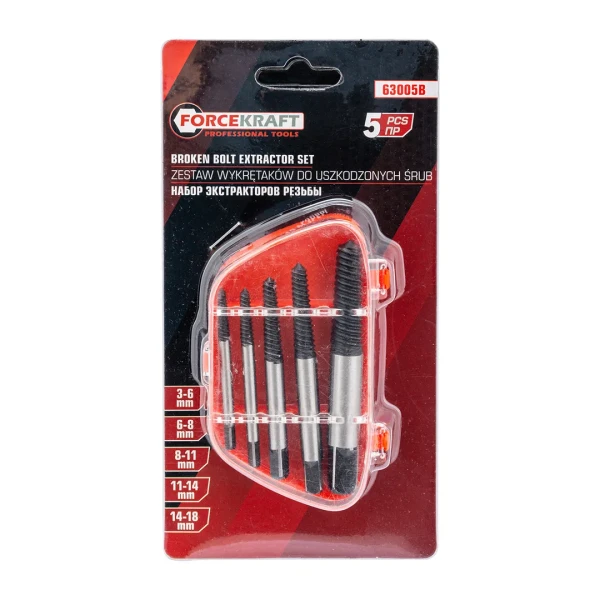 Набор экстракторов резьбы 5пр.(М3-М18, Ø:3-6мм, 6-8мм, 8-11мм, 11-14мм, 14-18мм, ''мелкий шаг''), в пластиковом футляре