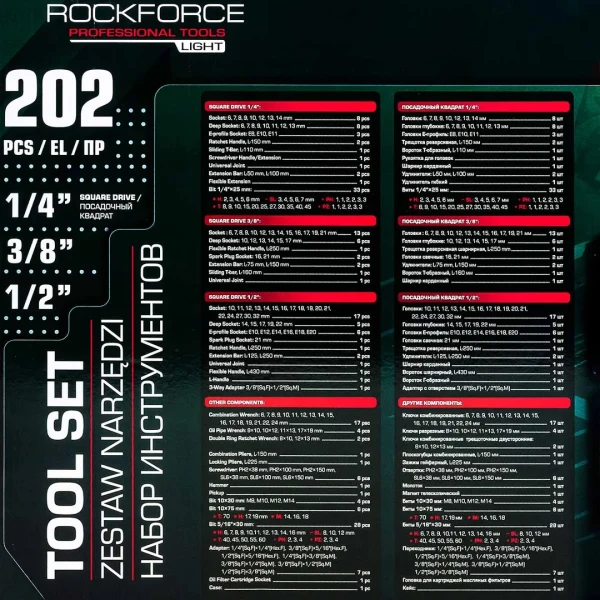 Набор инструментов 202пр. 1/4'', 3/8'', 1/2''(6гр.)