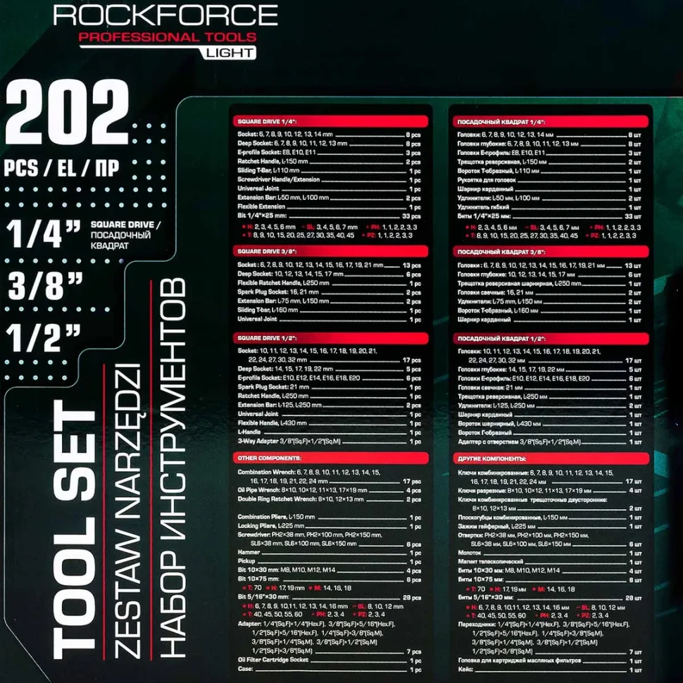 Набор инструментов 202пр. 1/4'', 3/8'', 1/2''(6гр.)