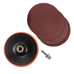 Тарелка опорная для УШМ в комплекте с кругами шлифовальными самоцепляющимися, 7пр.(125мм, М14+адаптер для дрели,Р40/60/80/120/240)