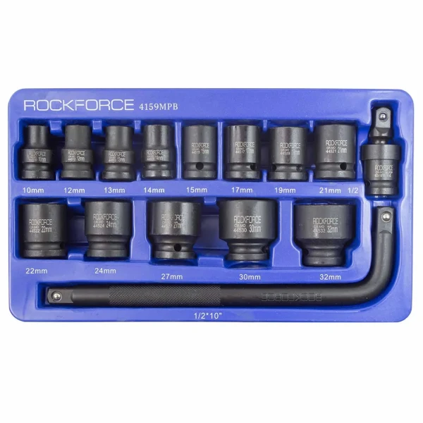 Набор головок ударных, 15пр. 1/2''6гр.(10,12,13,14,15,17,19,21,22,24,27,30,32мм.вороток Г-образный),в ложементе