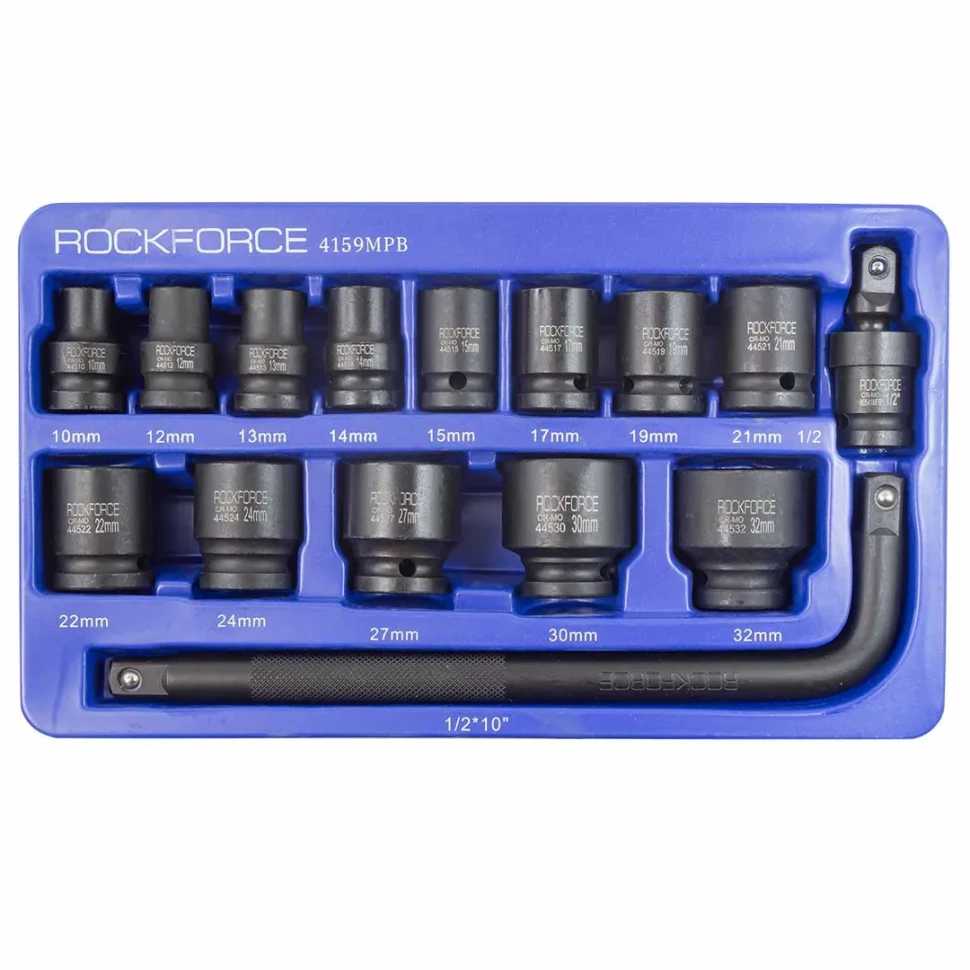 Набор головок ударных, 15пр. 1/2''6гр.(10,12,13,14,15,17,19,21,22,24,27,30,32мм.вороток Г-образный),в ложементе