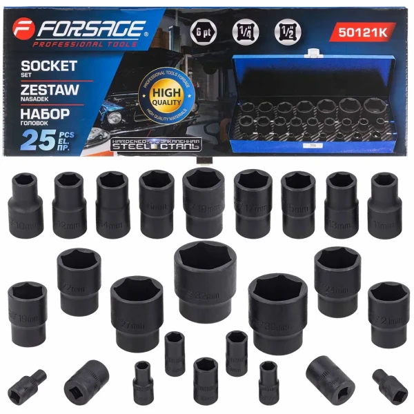 Набор головок ударных 25пр. 1/4'', 1/2''(6гр.)(1/2'': 10,11,12,13,14,15,16,17,18,19,21,22,24,27,30,32мм. 1/4'': 4,5,6,7,8,9,10,12,13мм.)