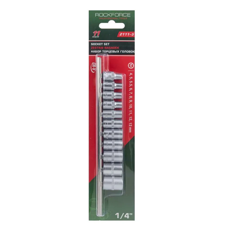 Набор головок 11пр. 1/4''6 гр.(4,5,5.5,6-13мм) на планке