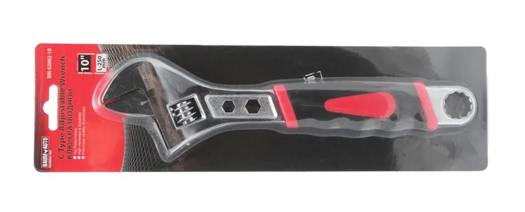 Ключ разводной с прорезиненной рукояткой и профильными отверстиями в корпусе под гайки (6гр.-9,13мм, 12гр-17мм) 12''-300мм, в блистере