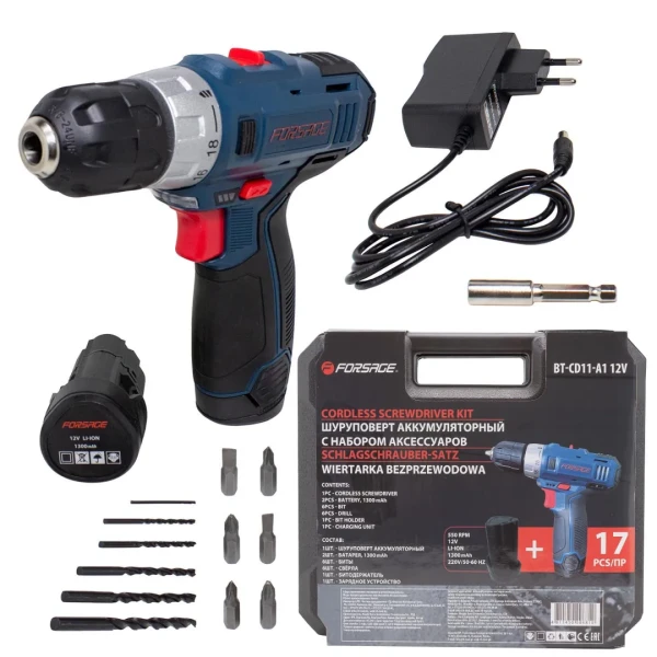 Шуруповерт аккумуляторный 12V,1.3Ah патрон 0,8-10мм(2 шт Li-ion, индикатор зарядки .сверло 1.5,2,3,4,5,6мм.биты PH1,2 PZ1,2,SL5,6 и битодержатель) в к