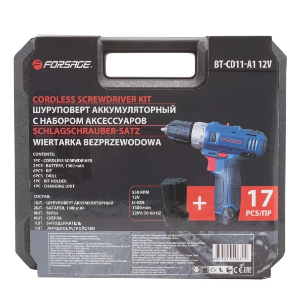 Шуруповерт аккумуляторный 12V,1.3Ah патрон 0,8-10мм(2 шт Li-ion, индикатор зарядки .сверло 1.5,2,3,4,5,6мм.биты PH1,2 PZ1,2,SL5,6 и битодержатель) в к