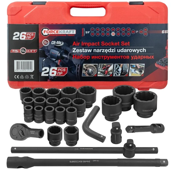 Набор инструментов ударных 26пр, 3/4''1''(12гр.)(17,19,22,24,27,30,32,33,34,35,36,36-6гр,38,41,46,50мм,1'':55,60,65мм)