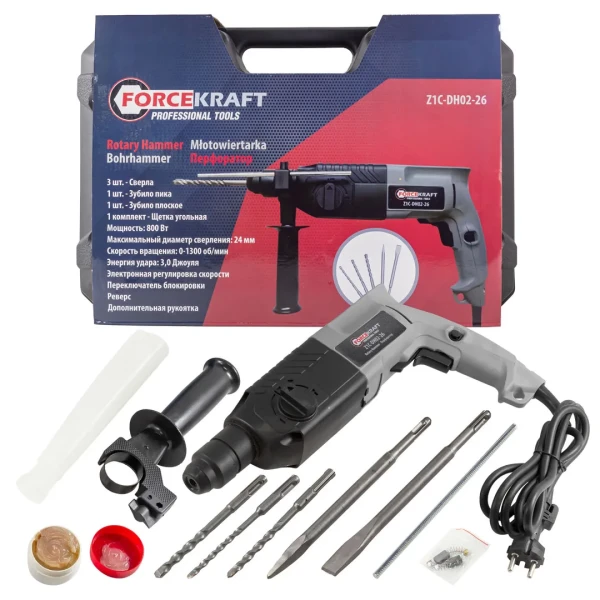 Перфоратор электрический (сверла 6, 8, 10х140мм, зубило плоское20х220мм, пика, уголь-е щетки,220V,50/60Гц,800W,0-1300 об/мин,2.8Дж, max Ø сверл. -24мм