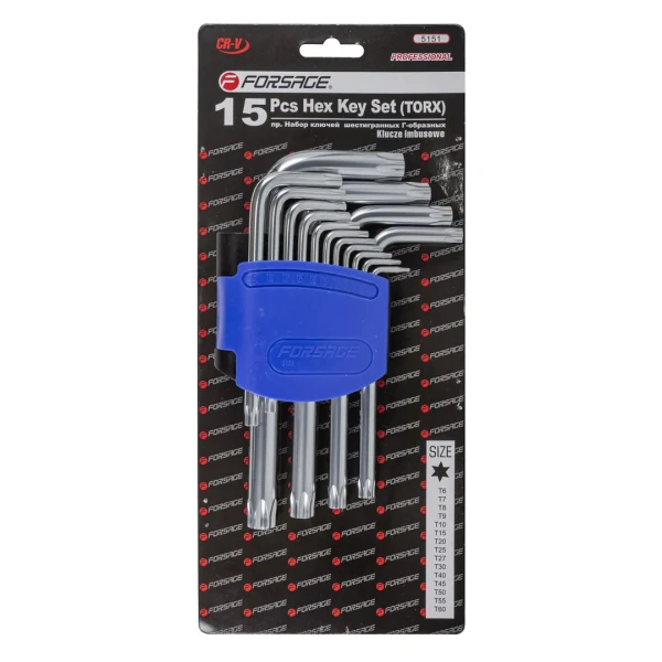 Набор ключей TORX Г-образных, 15пр.(Т6, T7, T8, T9, Т10, Т15, Т20, Т25, Т27, Т30, Т40, Т45, Т50, Т55, Т60)в пластиковом держателе