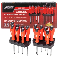 Набор отверток сил.магн.13пр (SL:3.5x100,4x100,5.5x100,6.5x100, 8х150,РН:1х100,2х125,3х150,PZ:1х100,2х125,3х150,Т:20х100,25х125) с настен.кронштейном