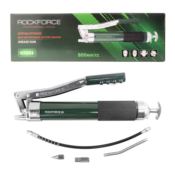Шприц для нагнетания густой смазки ручной 800мл в комплекте с жестким(L-140мм) и гибким(L-400мм) наконечниками (2 штока,''под закладку'')