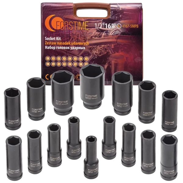 Набор головок ударных глубоких 16пр. 1/2'' 6гр.(10-19,21,22,24,27,30,32мм)в кейсе
