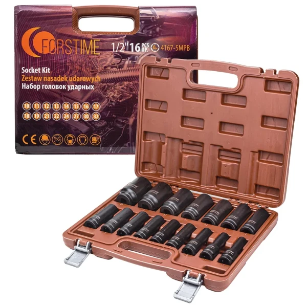 Набор головок ударных глубоких 16пр. 1/2'' 6гр.(10-19,21,22,24,27,30,32мм)в кейсе