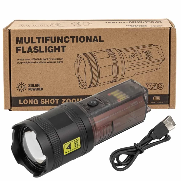 Фонарь ручной аккумуляторный с функцией повербанка и солнечной панелью (7 реж. работы, аккум. 1800мАч, 50Вт, время работы 3-8ч, время зар. 6ч, 2000м)