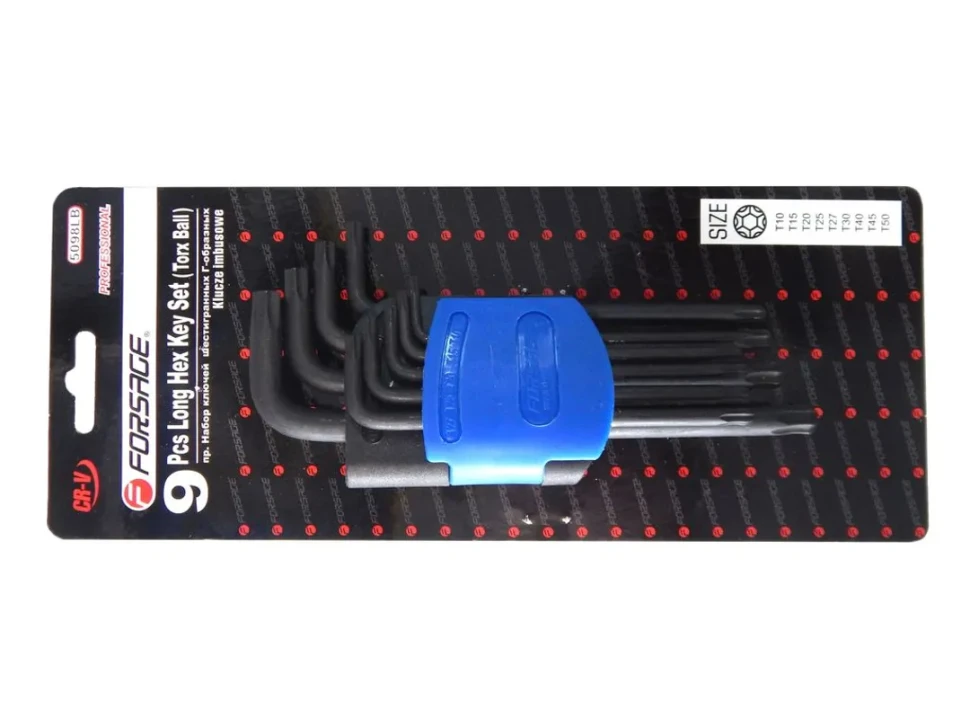 Набор ключей TORX Г-образных длинных с шаром, 9пр. (Т10, Т15, Т20, Т25, Т27, Т30, Т40, Т45, Т50),в пластиковом держателе