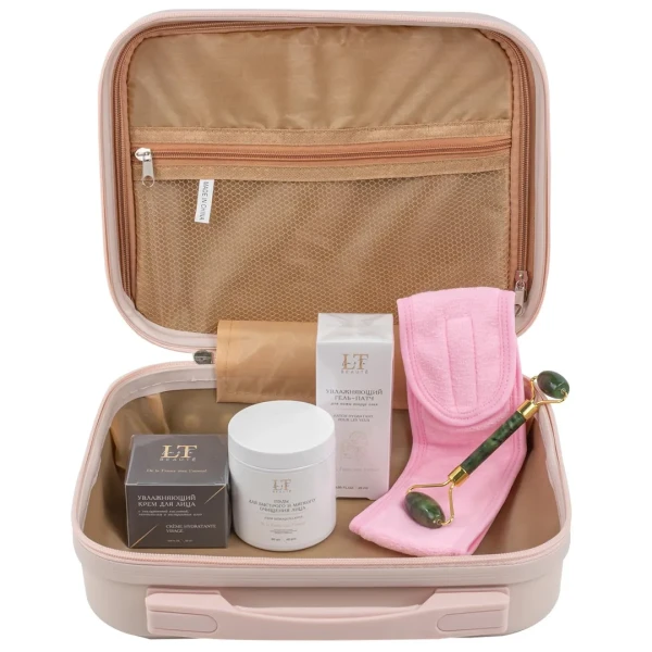 Набор(сумка черная 2208#,крем для лица. ролик зеленый.Пэды.гель патчи.повязка на липучке розовая)