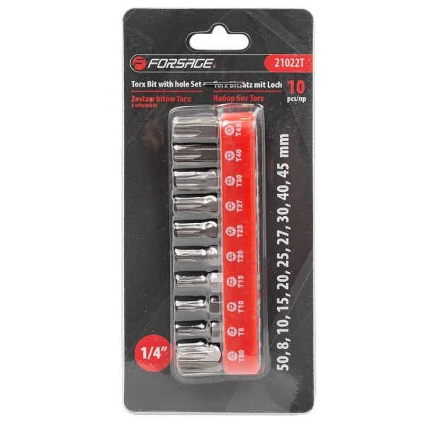 Набор бит TORX с отверстием 10пр. 1/4''(TН 7,8,9,10,15,20,25,27,30,40-25мм),в блистере