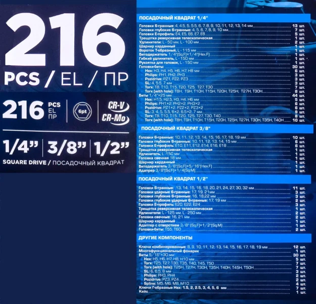 Набор инструментов 216пр. 1/4'', 3/8'', 1/2''(6гр.)
