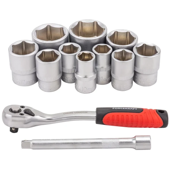 Набор инструментов, головки (10-15, 17, 19, 22, 24мм) с трещоткой и удлинителем, набор 12пр., 3/8''