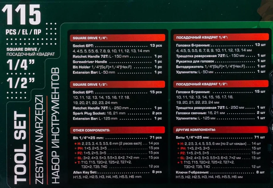 Набор инструментов 115пр. 1/4'', 1/2''(6гр.)