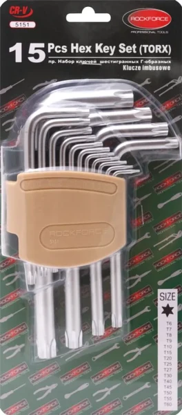 Набор ключей TORX Г-образных, 15пр.(Т6, T7, T8, T9, Т10, Т15, Т20, Т25, Т27, Т30, Т40, Т45, Т50, Т55, Т60)в пластиковом держателе