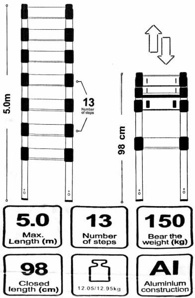 Лестница телескопическая алюм. бытовая 5.0м (13 ступ.)