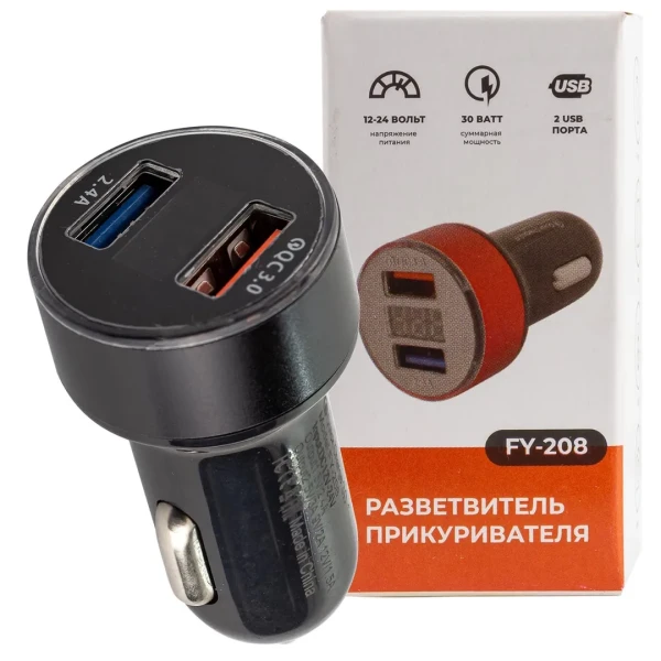 Автомобильное зарядное устройство FY-208 с вольтметром (12V-24V, USB:5V-Max 2.4A, QC3.0: 5V/3A,9V/2A,12V/1.5A)