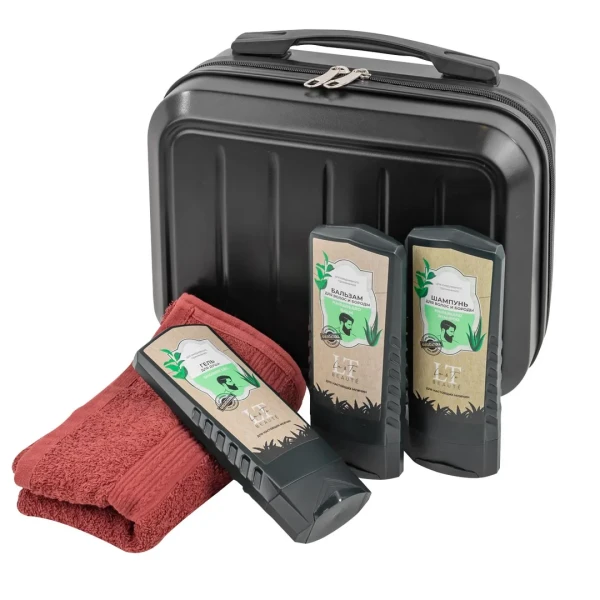 Набор(сумка черная2208#,гель для душа. бальзам для волос головы и бороды,шампунь для волос и бороды.полотенце-шоколад)