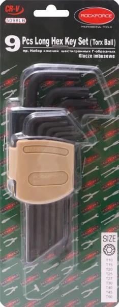 Набор ключей TORX Г-образных длинных с шаром, 9пр. (Т10, Т15, Т20, Т25, Т27, Т30, Т40, Т45, Т50),в пластиковом держателе