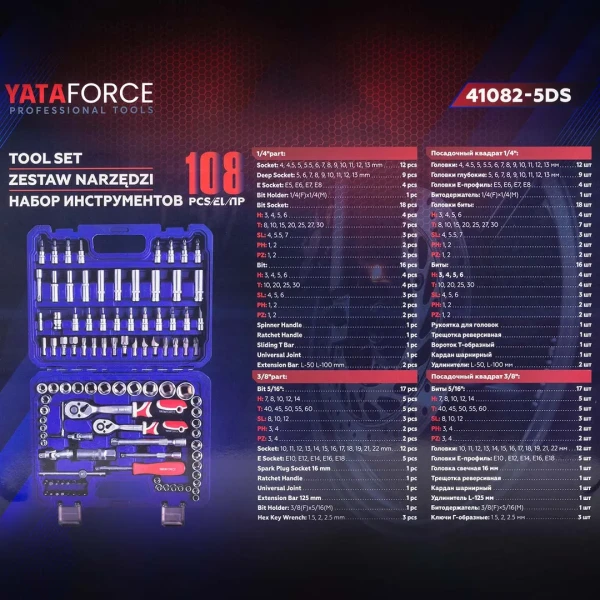 Набор инструментов 108 пр. 1/4''3/8''(6гр.)(4-22мм)