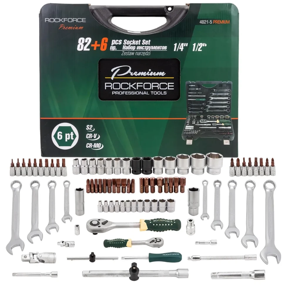 Набор инструментов 82+6пр.1/4''1/2''(6гр.)+(головка-бита 1/4''T40, биты 5/16'': М8,10,12,14,головки 1/2'': 10,12,13мм,ключи комбинир.:15,16мм)